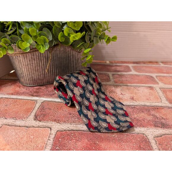 Oscar de la Renta Designer Mens Neck Tie 100% Silk Blue Red Beige Teardrop Tear - Picture 1 of 6